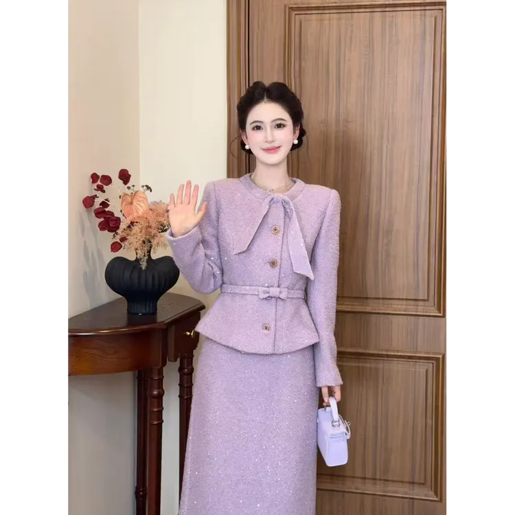 LiLi李李家【漫步巴黎】千金贵气感小香风紫色花呢套装XMZH9833