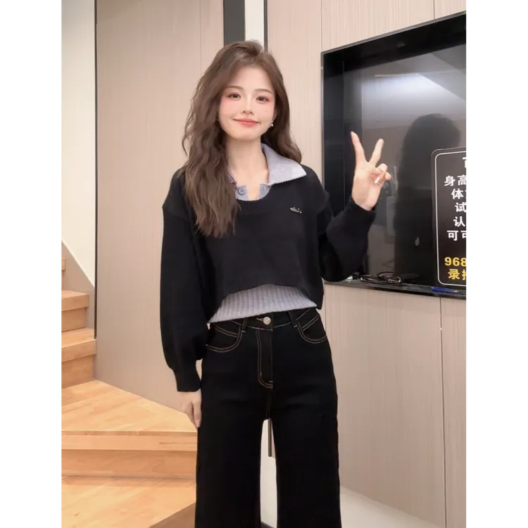 少女风秋季新款小个子短款破洞设计感Polo领针织衫两件套上衣女