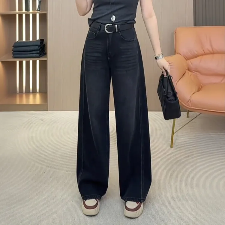 拉夏贝尔黑灰色阔腿牛仔裤2025秋冬款高腰显瘦百搭休闲直筒裤