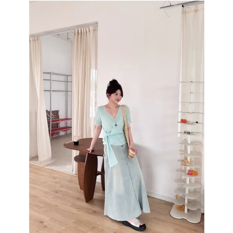 晶咕【伯克利】复古水洗下摆毛边高腰鱼尾牛仔半身裙
