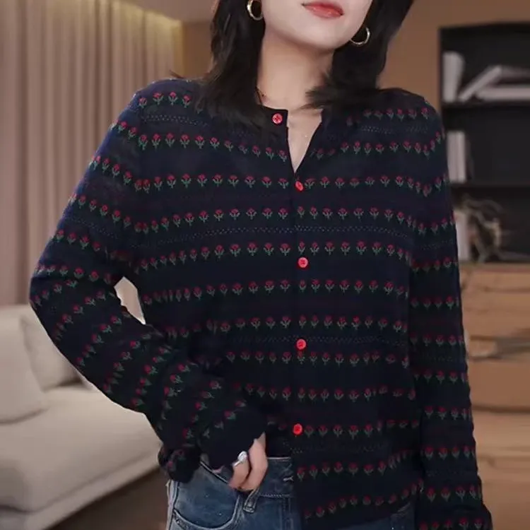 小众不撞款绝美针织开衫外套女2025秋气质高级感碎花上衣圆领小衫