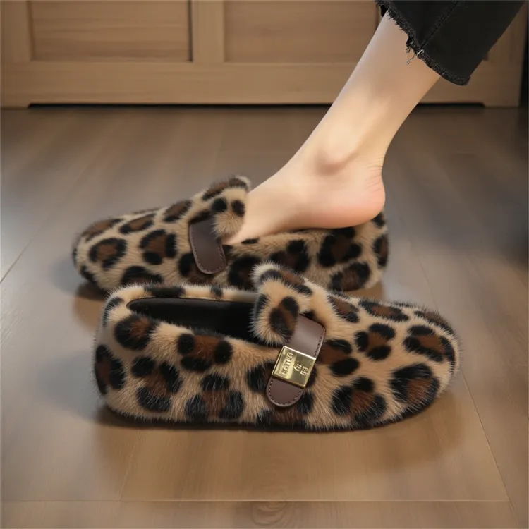 豹纹水貂绒毛毛鞋女外穿2025新款冬季平底防滑不累脚孕妇软底棉鞋