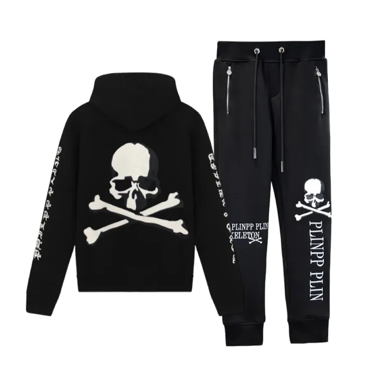 秋冬季新款骷髅刺绣时尚连帽休闲套装男士长袖宽松潮流针织印花