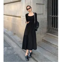 秋季黑色长袖连衣裙女秋冬内搭套装早秋巨好看赫本风长裙子一整套