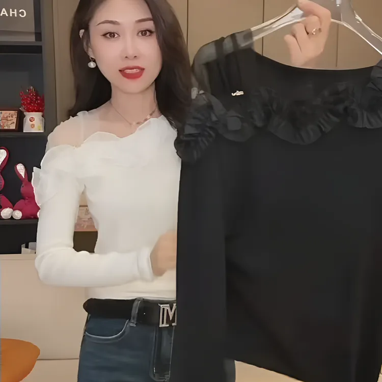 2025年秋季新款显瘦纯色立体花朵上衣修身长袖t恤女装网红气质