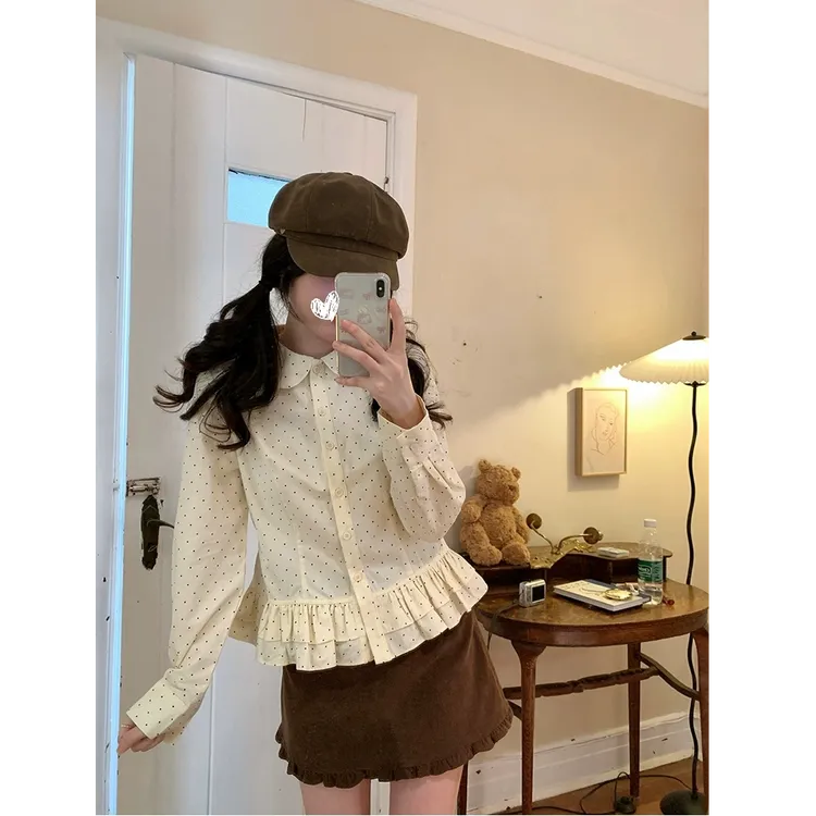 波点娃娃领衬衫女春设计感下摆花边衬衣长袖上衣#Y8548