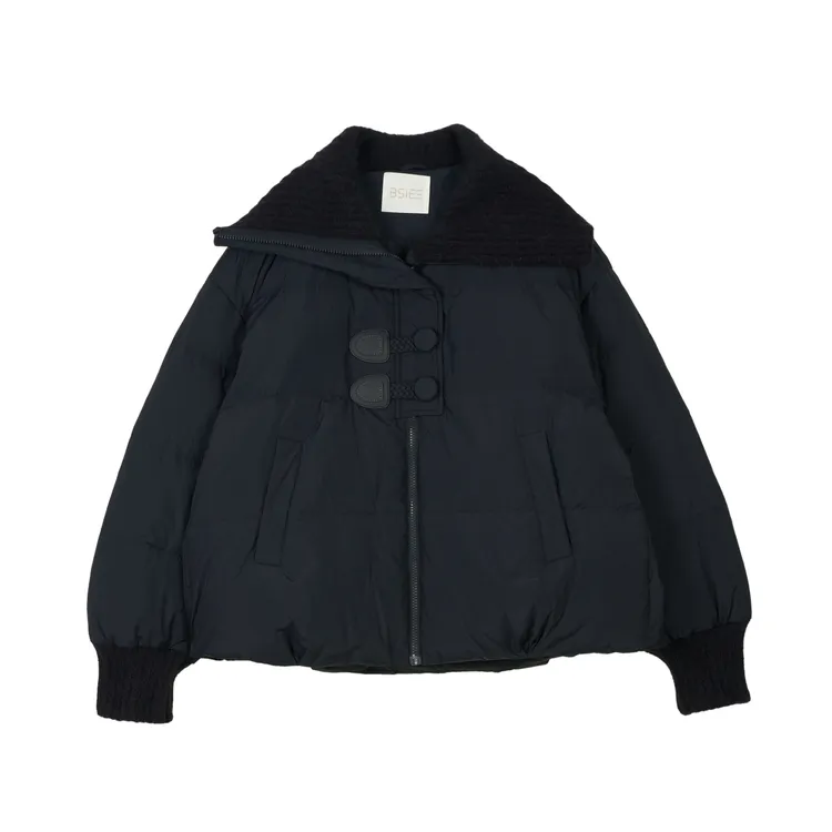 BSIEE/本涩冬季藏蓝设计感针织翻领拼接短款小个子羽绒服时尚百搭