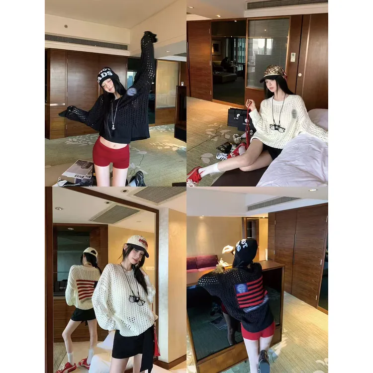 慵懒风松驰感宽松毛衣秋季女小众镂空设计感圆领软糯针织Q 9432#