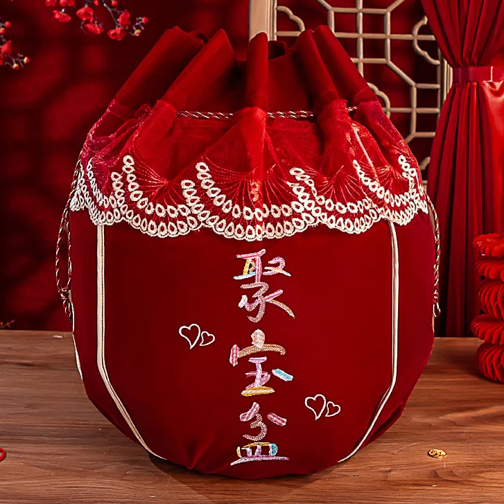 包袱皮刺绣束口福袋聚宝盆结婚用品女方新娘陪嫁妆大号红布包盆布
