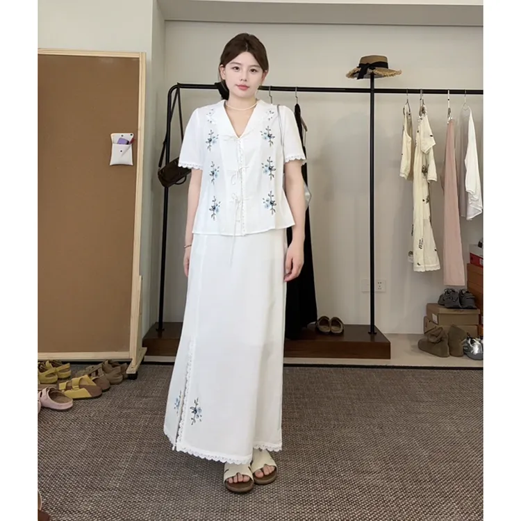 FRVXO【夏日之约】韩系高智感法式气质花朵刺绣衬衫半裙小众套装