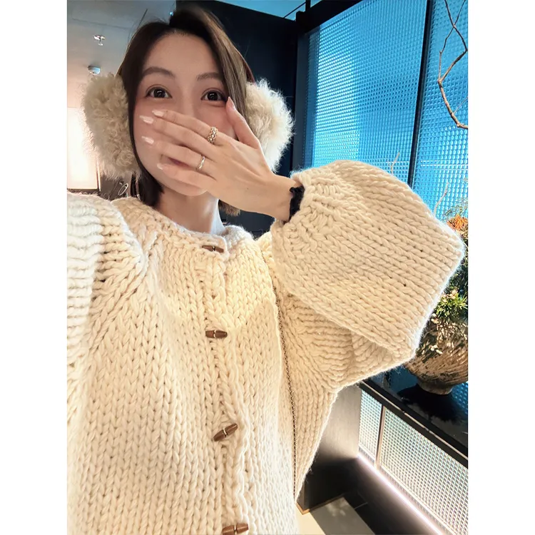 【唐悠悠】950g纯手工加厚羊毛钩织插肩袖针织开衫女短款毛衣外套