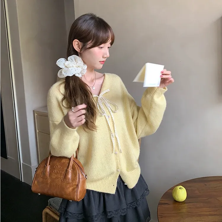 蕾丝系带领毛衣开衫外套女2025秋季新款软糯温柔气质休闲针织上衣