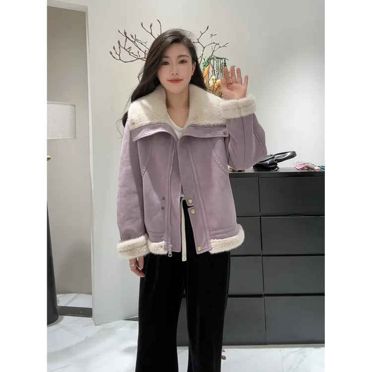 099鹿皮绒翻领时尚休闲百搭气质加绒加厚保暖公主貂外套