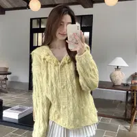 RENYI RILAR新品温柔风山茶花海军领宽松毛衣开衫RRSY051