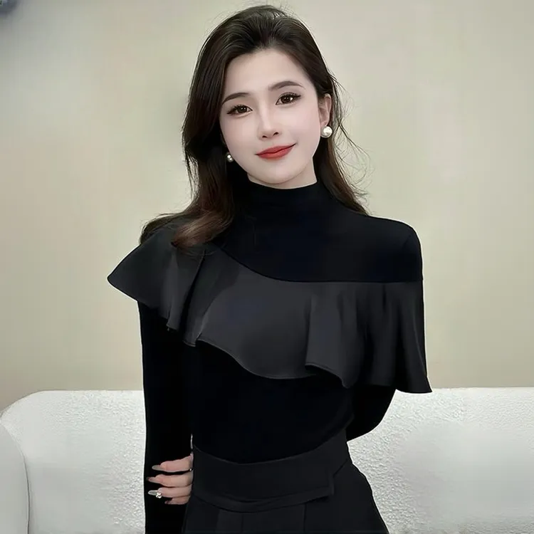 拉夏贝尔黑色荷叶边半高领长袖衬衫2025早秋新款百搭打底衫上衣