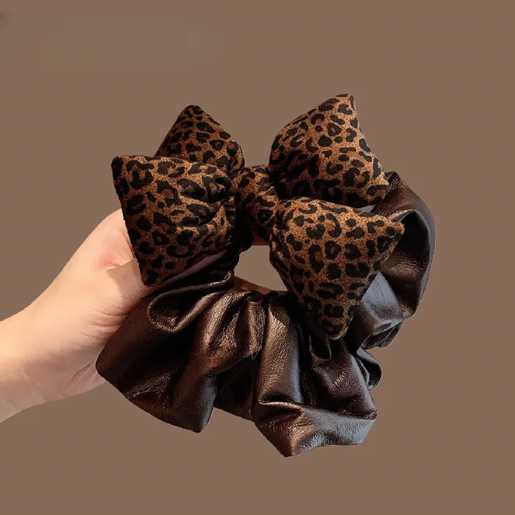 时尚复古豹纹蝴蝶结发绳皮质褶皱大肠发圈气质扎马尾丸子头发绳女