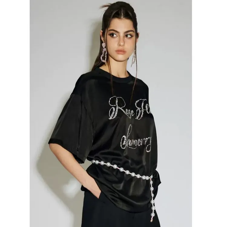 lamerry/朗美睿烫钻简约黑色T恤女个性时尚百搭舒适2025春夏新品