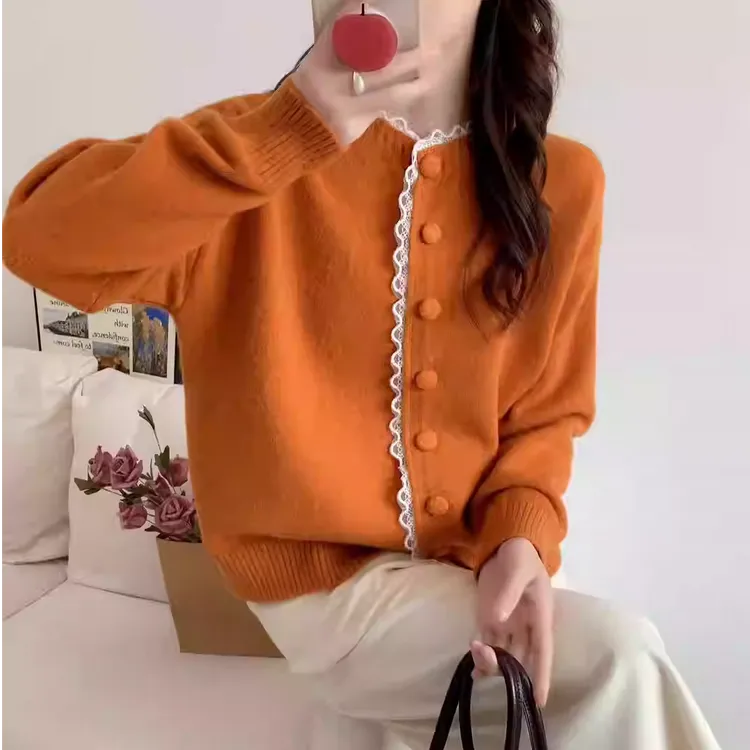 橘色针织拼接蕾丝花边开衫女秋冬装韩系温柔风单排扣柔软毛衣外套