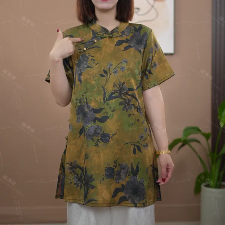 【秋月】桑丝7年老料香云砂新中式奥黛正肩秀中长款上衣7788