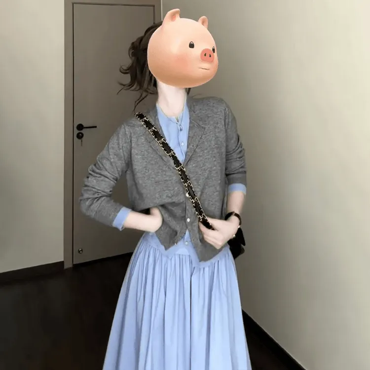 Y150#秋季穿搭一整套女韩系时尚假两件针织开衫配半身裙两件套