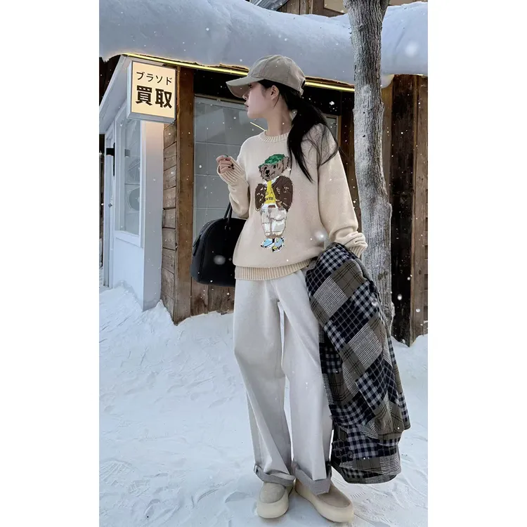 LA CALLA老钱刺绣插兜小熊棉织毛衣BL-AX6854