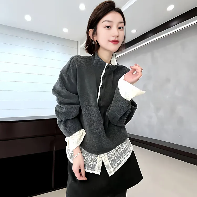 大码韩系蕾丝拼接半高领灰色卫衣女冬季新款胖mm显瘦遮肉内搭上衣