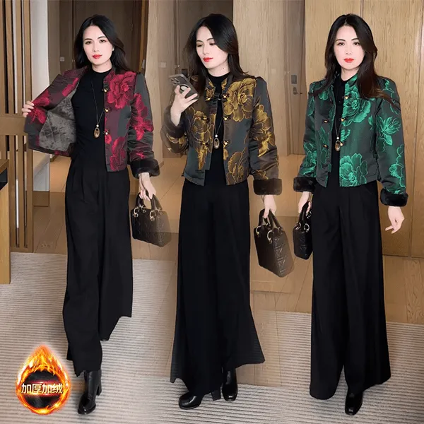  2025秋冬新款新中式穿搭时尚气质洋气国风提花夹棉加绒短外套女