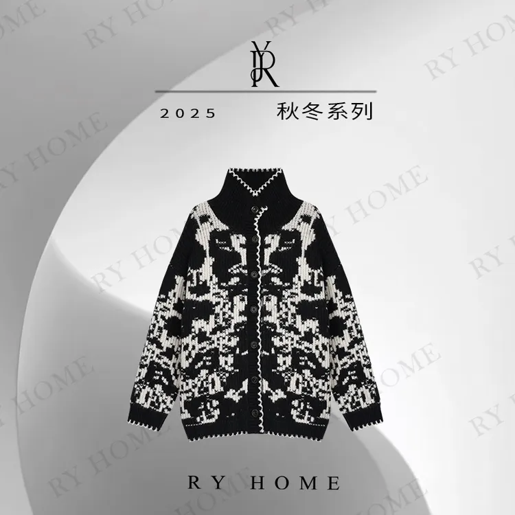 【容雨RYHOME】羊驼毛＋绵羊毛慵懒风提花黑白撞色开衫外套253W2526