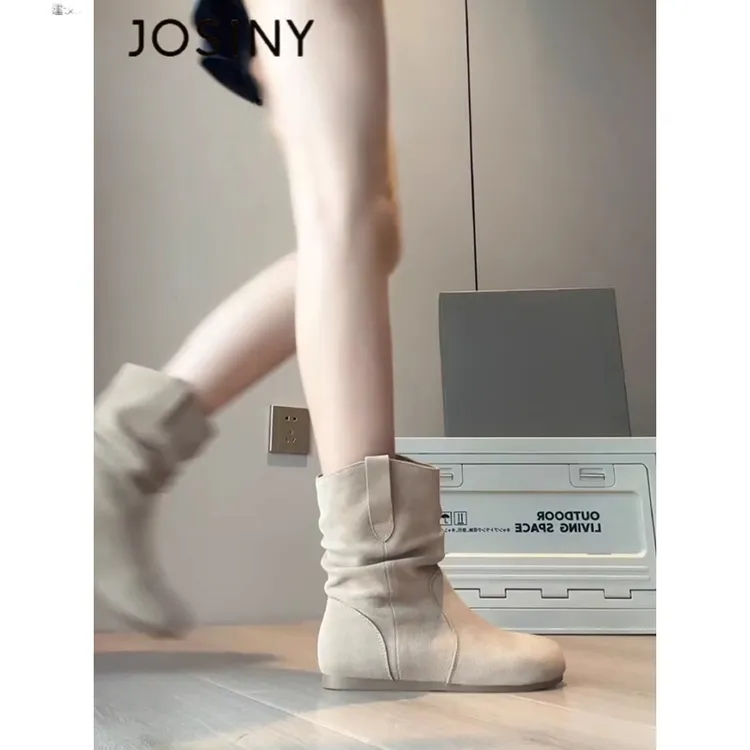 卓诗尼【断码清仓】复古平底短靴女西部靴2025冬季堆堆靴显瘦短筒靴