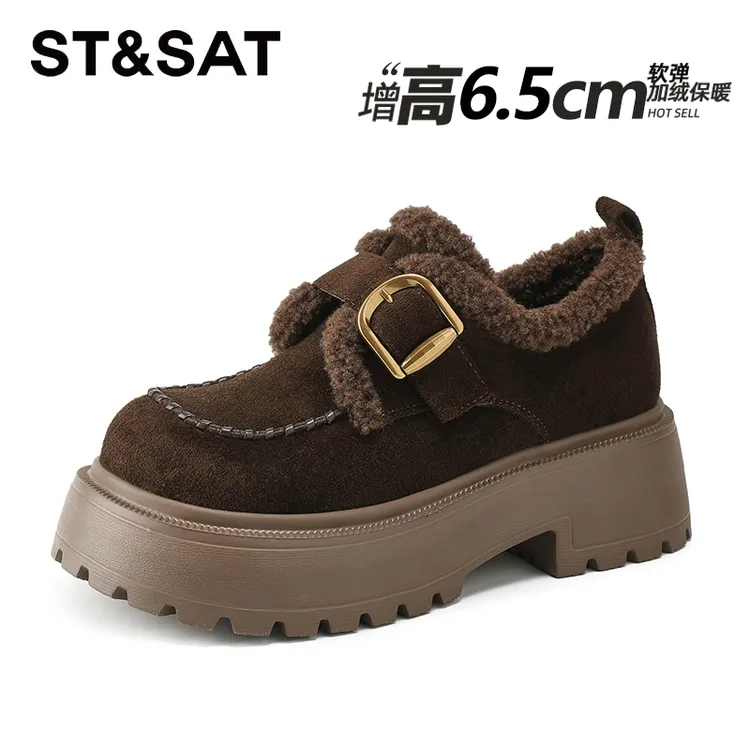 星期六厚底增高勃肯鞋女鞋2025冬季加绒复古乐福鞋皮带扣毛毛棉鞋