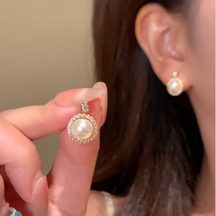 芒果饰品 铜合金锆石耳饰 法式闪锆珍珠耳环女气质百搭耳钉耳饰
