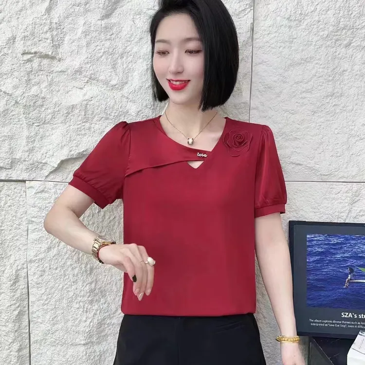 68987夏季女装新款弯刀镂空领拼接网纱短袖气质高雅T恤