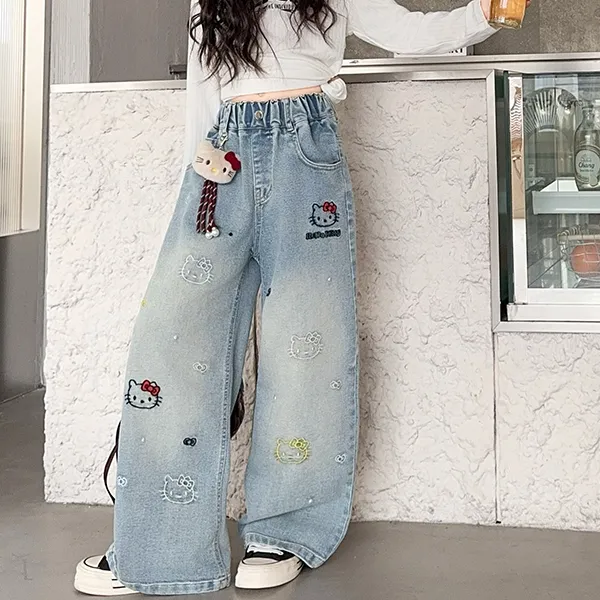春季秋季卡通kt猫刺绣牛仔裤女童夏季薄款裤子阔腿裤童装儿童新款