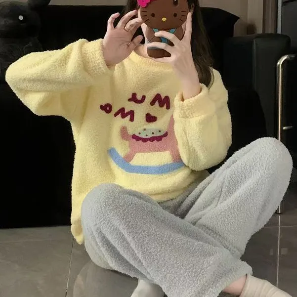 可爱木马半边绒黄色睡衣女生秋冬季珊瑚绒家居服加绒保暖套装366