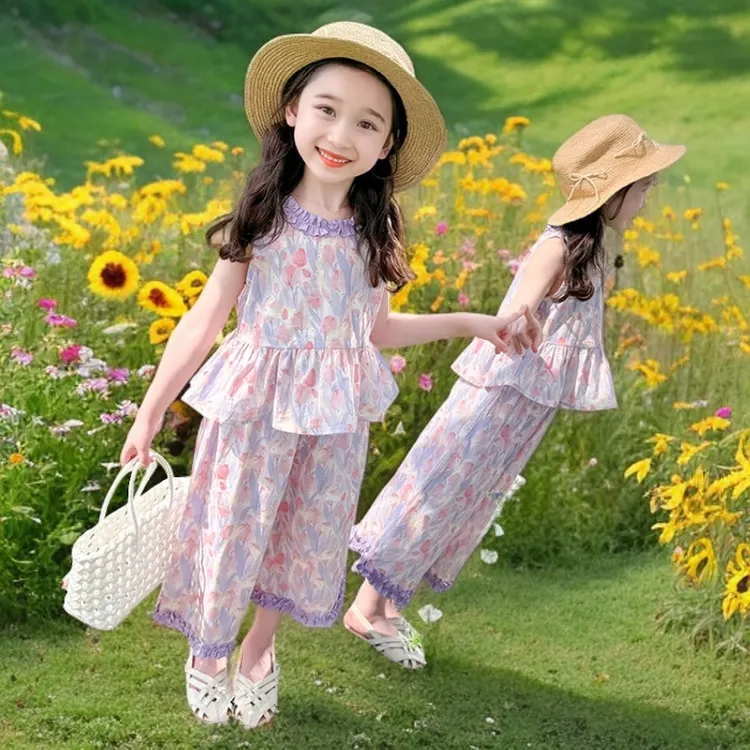 花朵薄款时髦宝宝夏季背心阔腿裤儿童裙子女款2025年款衣服儿童