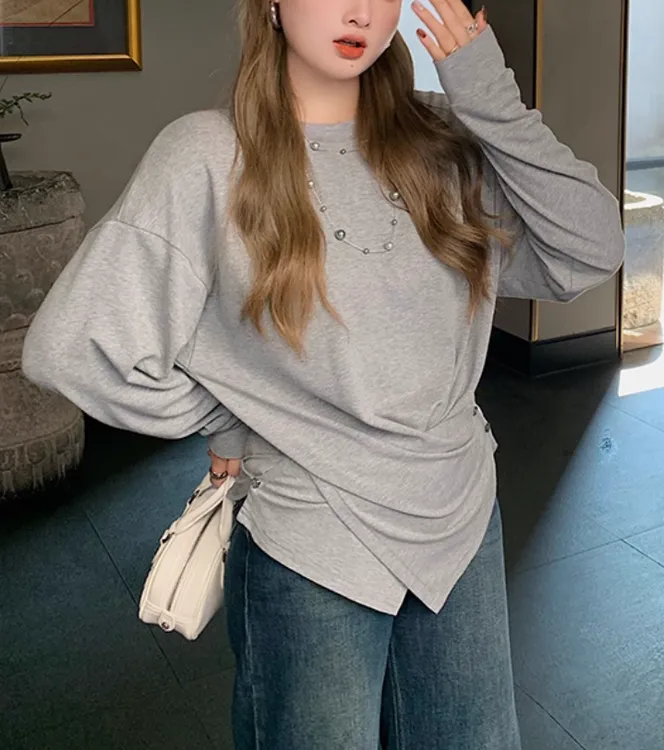 适合胖mm大码女装灰色不规则长袖T恤女初秋季设计感收腰显瘦上衣