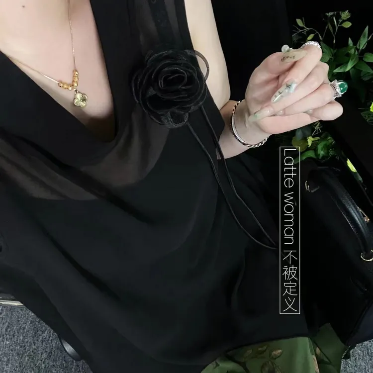 (黑玫瑰单上衣)休闲夏季潮流透气韩版百搭黑色不规则上衣气质