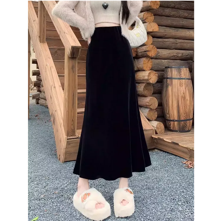 【二个裙长】韩版时尚黑色金丝绒中长款半身裙2025秋季新款鱼尾裙