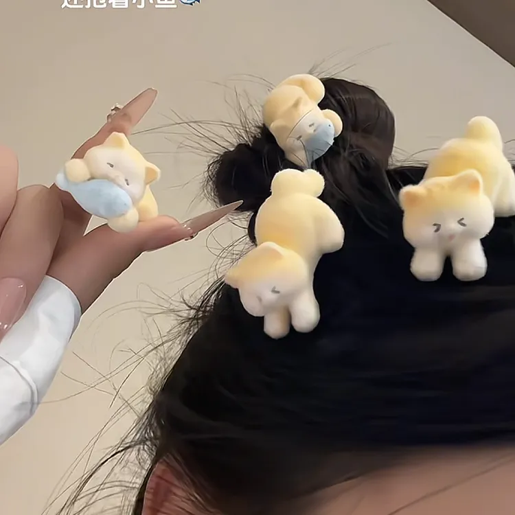 可爱小猫吃鱼发夹植绒可爱少女心侧边刘海夹鸭嘴夹卡通发饰女