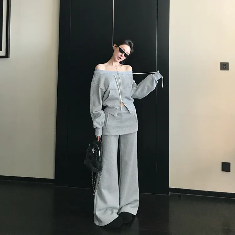 美式休闲运动套装冬设计感一字肩拉链灰色卫衣低腰裙裤长裤两件套