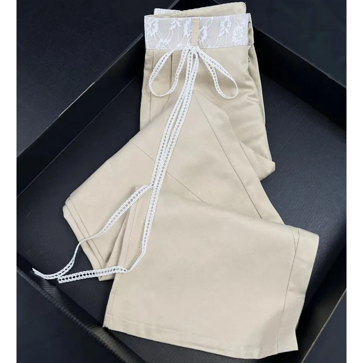 新款蕾丝拼接高腰休闲裤女卡其色裤子春季西装直筒阔腿裤拖地长裤