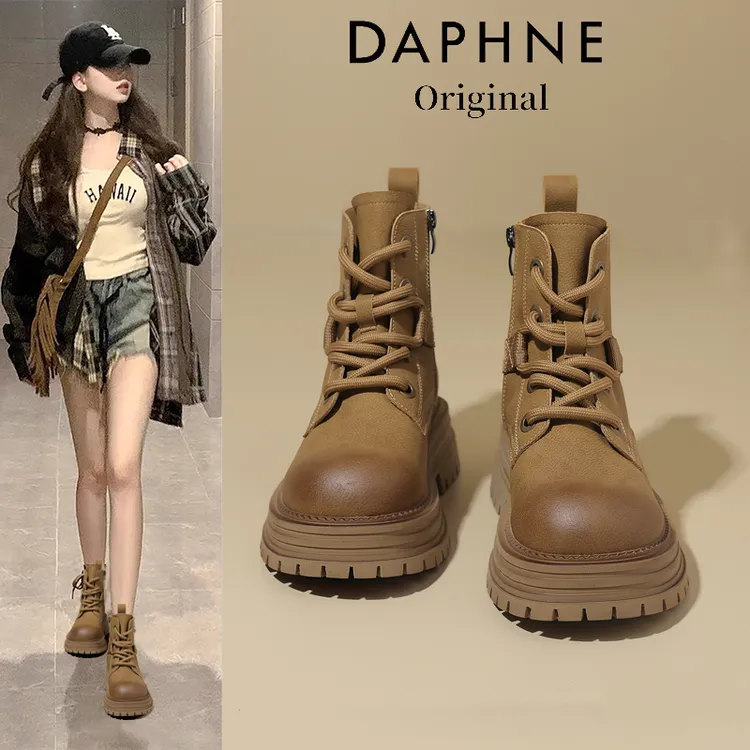 达芙妮马丁靴女靴子2025新款秋冬季加绒增高英伦风大黄靴厚底短靴