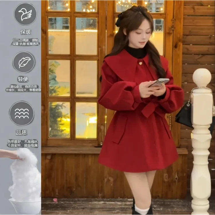 【白鸭绒】娃娃领外套2025冬季新款 收腰显瘦系带小个子呢子大衣