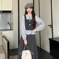 慕兔韩系小香风拼接长袖衬衫女2025秋季新款设计感收腰显瘦上衣