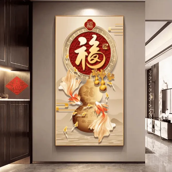 锦鲤聚福玄关入户壁画走廊墙壁过道好寓意晶瓷挂画玄关挂画装饰画