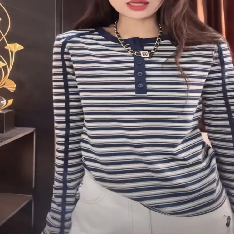 设计感撞色条纹圆领织带长袖T恤女2025早秋新款百搭休闲显瘦上衣