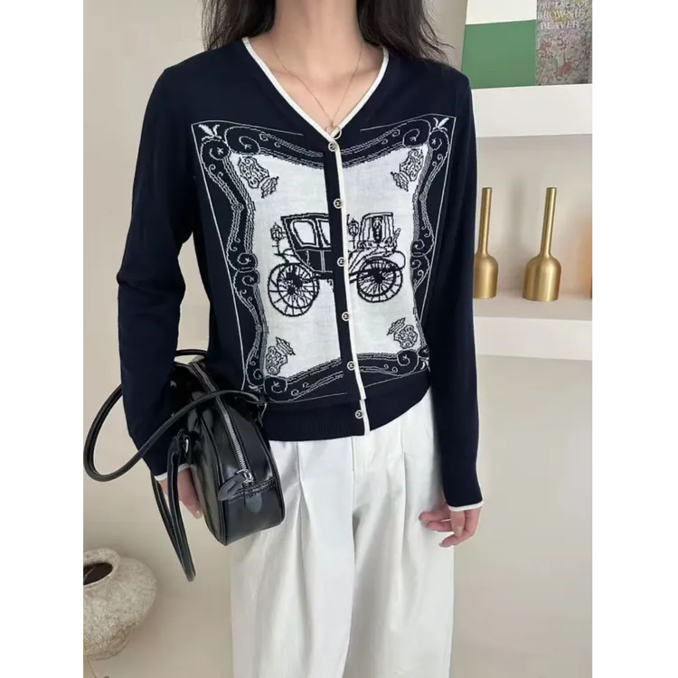 秋冬新款V领长袖马车提花针织假开衫宽松百搭套头上衣女1286
