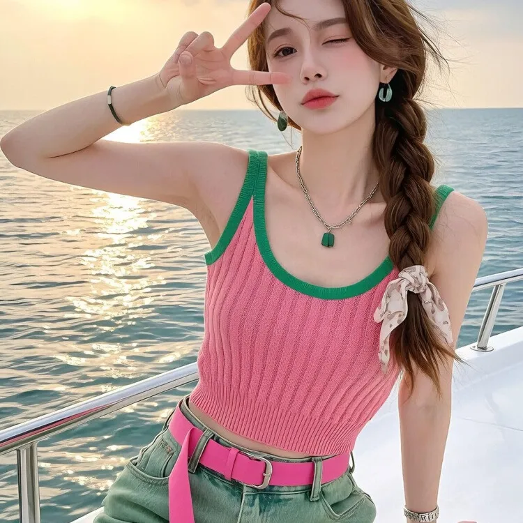 泰式独特撞色小吊带背心女夏外穿2025新款辣妹多巴胺海边穿搭上衣