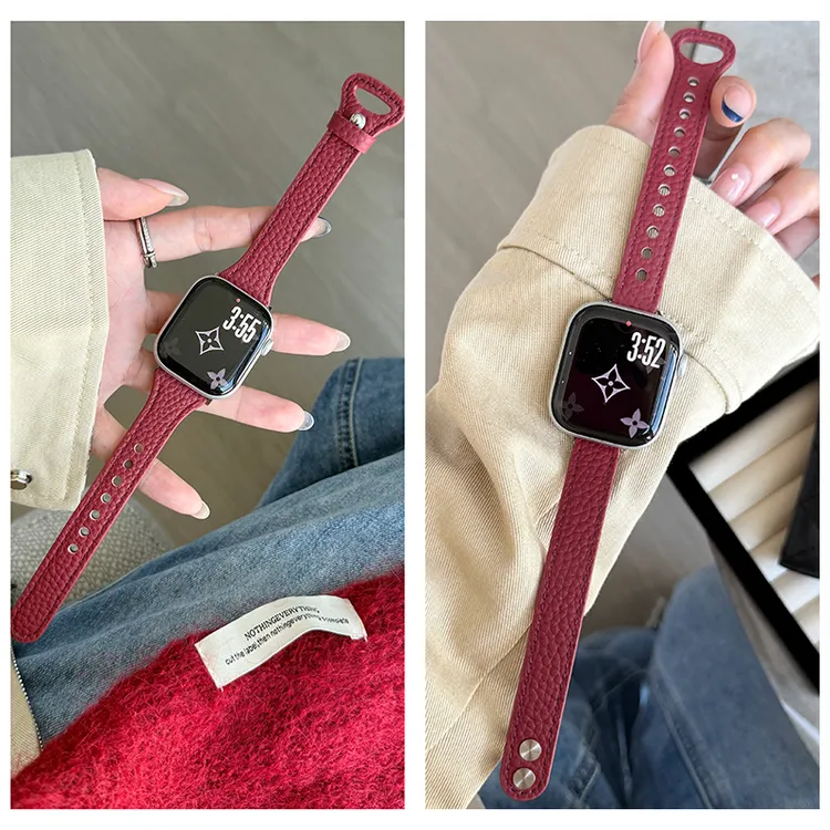 适用苹果iwatchS11S10/9/8/7UltraSE安哥拉红柔软荔枝纹真皮表带