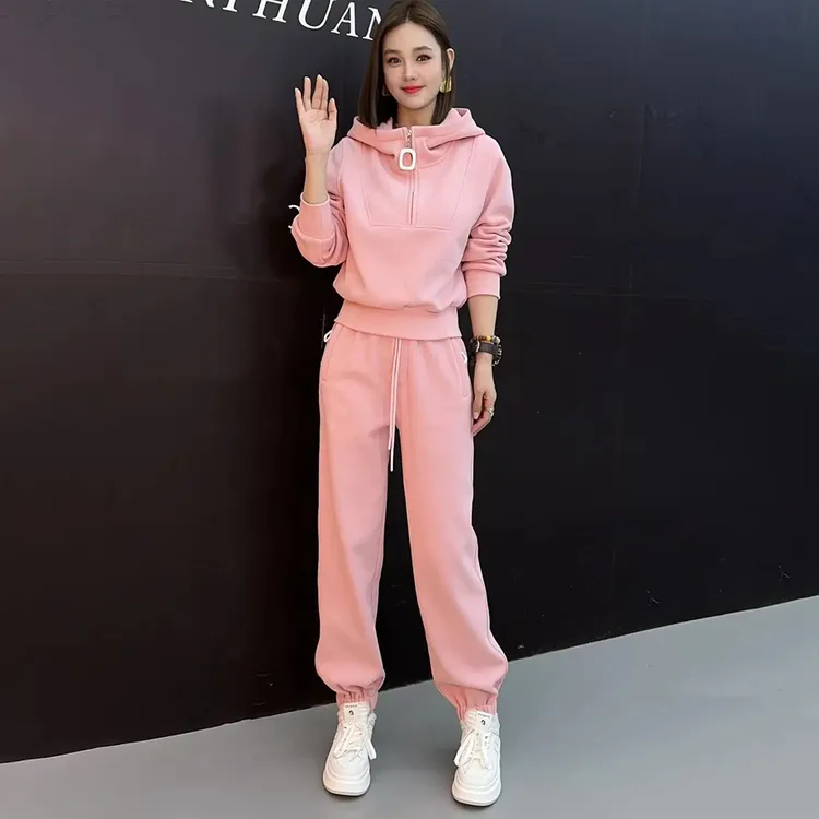 哥弟阿玛施正品粉色运动时尚厚T恤套装女2025春秋宽松大尺码连帽